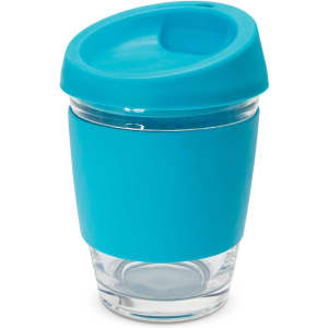 A drink bottle in turquoise with a clear glass base and a silicone sleeve. It features a matching lid with a spout.