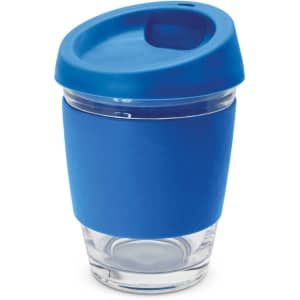 A drink bottle featuring a blue silicone sleeve and lid, with a clear glass base and a drinking spout.