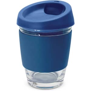 A drink bottle featuring a transparent glass body with a navy silicone sleeve and matching lid.