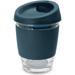 A drink bottle featuring a dark teal silicone lid and sleeve, with a clear glass body and a convenient sipping opening.