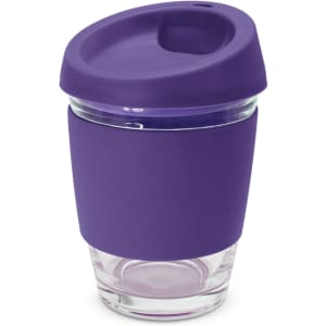 A drink bottle with a purple silicone sleeve and lid, featuring a clear glass inner section.