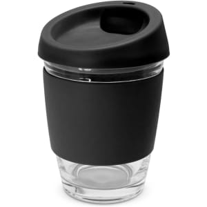 A drink bottle with a black silicone sleeve and lid, featuring a clear glass body and an integrated drinking spout.