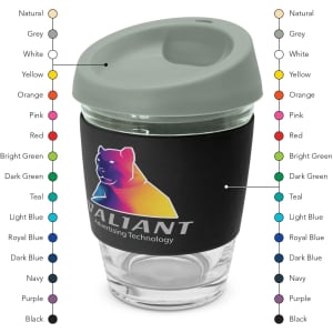 A drink bottle with a grey lid, glass body, and a black silicone sleeve featuring a logo. Available in multiple colours.