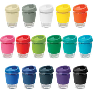 A range of Metro Cups in various colours, featuring transparent bases and coloured lids, including a logo.