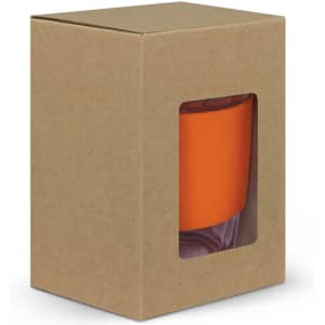 A drink bottle in an orange holder, displayed in a cardboard box with a clear window.