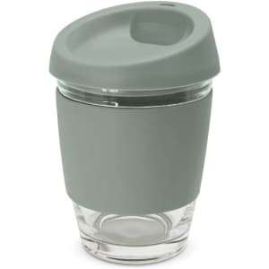 A drink bottle with a light green silicone sleeve and lid, featuring a clear glass base.
