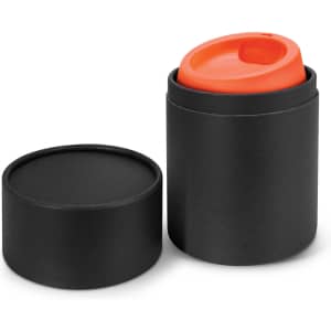 A drink bottle with an orange lid and a black container, featuring a logo on the surface.