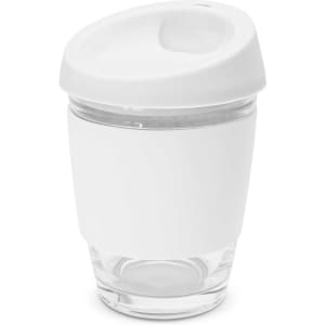 A drink bottle in white with a clear glass base and a lid featuring a spout, designed for beverages.