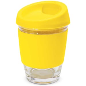 A drink bottle with a transparent base and a bright yellow silicone sleeve and lid. It features a logo.