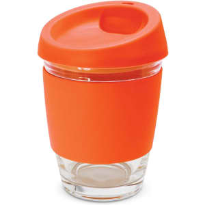 A drink bottle with a clear glass base and an orange silicone lid and sleeve, featuring a small opening for sipping.