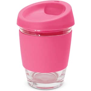 A drink bottle with a pink silicone lid and sleeve, featuring a glass body. It has a smooth, modern design.