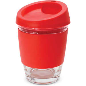 A drink bottle with a transparent glass base and a bright red silicone lid and sleeve. It features a logo.