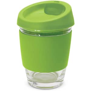 A drink bottle with a glass body and a vibrant green silicone lid and sleeve. It features a logo on the body.
