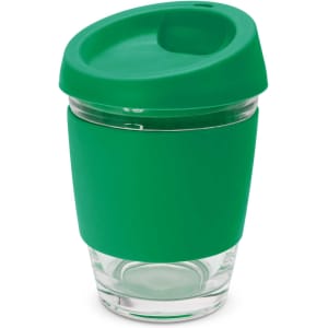 A drink bottle with a clear glass base and a green silicone sleeve and lid. It features a sipping hole on the lid.