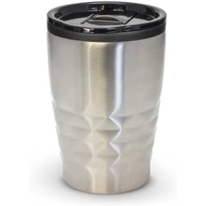A stainless steel drink bottle with a textured design and a black plastic lid. It features a logo on the side.