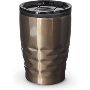 A drink bottle in a metallic bronze finish with a black lid and textured diamond pattern. It features a logo.