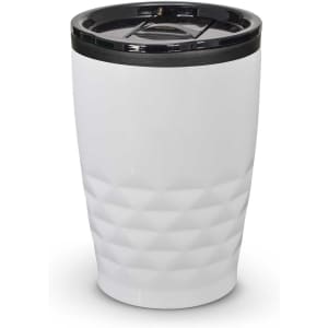 A white drink bottle with a textured design and a black lid, featuring a logo.