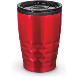 A red drink bottle with a textured design and a black lid, featuring a logo.