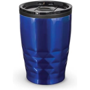 A drink bottle in a shiny blue finish with a textured surface and a black lid. It features a logo on the side.