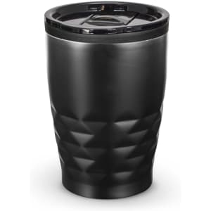 A drink bottle with a textured black exterior and a lid, featuring a sleek, modern design.