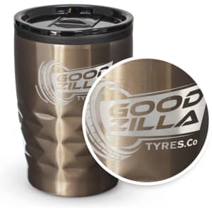 A drink bottle in a bronze colour with a textured design and a black lid. It features a logo.