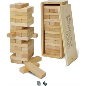 A wooden tumbling tower game with natural timber blocks, featuring a storage box with a logo.
