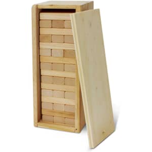 A wooden Tumbling Tower game set featuring stacked rectangular blocks and a storage box with a removable lid.