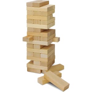 A stack of wooden blocks in varying sizes, resembling a game of Tumbling Tower, with some blocks lying beside the tower.