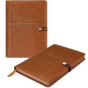 A brown notebook featuring a textured cover, a clasp closure, and visible pockets on the front.