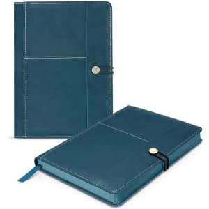 A teal notebook with a textured cover, featuring a strap closure and multiple pockets on the front.