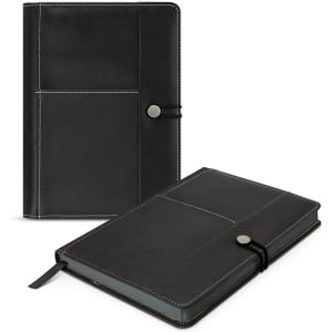 A black notebook with a textured cover, featuring pockets and a secure closure. It has a branding logo on the front.