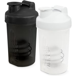 A drink bottle featuring two protein shakers, one black and one white, with a logo on each.