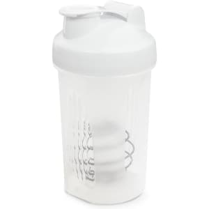 A drink bottle featuring a clear body with a white lid and an interior whisk ball. It has a logo on the side.