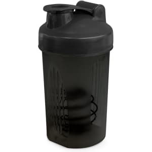 A drink bottle in dark grey with a secure lid and built-in mixing element, featuring a logo.