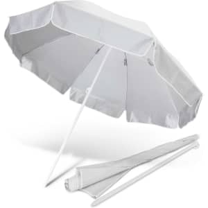 A grey beach umbrella with a white pole, displayed open and folded. The umbrella has a logo on it.