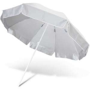 A beach umbrella with a wide canopy and a white fabric cover, supported by a straight pole.