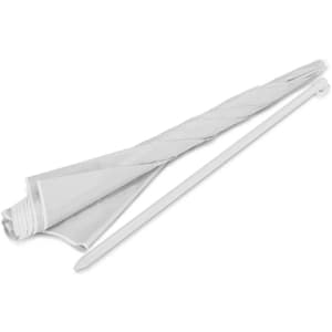 A white beach umbrella with a twisted pole, laid flat. It features a simple design without any logos.