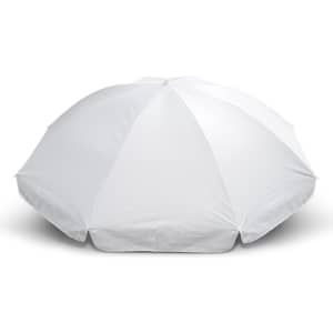 A white beach umbrella with a rounded shape, featuring a central pole and a smooth fabric surface.