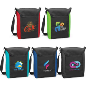 A collection of five cooler bags in black with red, green, and blue accents, featuring various logos.