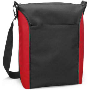 A cooler bag with a black front and red sides, featuring a shoulder strap and a front pocket.