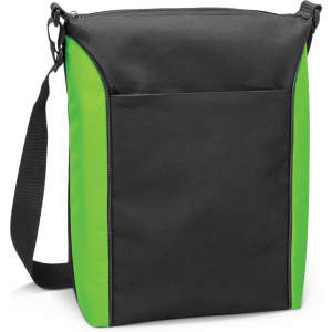 A black and green cooler bag with an adjustable strap and a front pocket, featuring a logo.