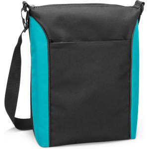 A black and teal cooler bag with a shoulder strap and front pocket, featuring a logo.