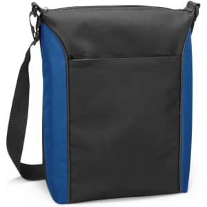A black and blue cooler bag with a shoulder strap and a front pocket. It features a logo on the side.
