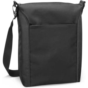 A black cooler bag featuring a shoulder strap and a front pocket, designed for carrying drinks and food items.