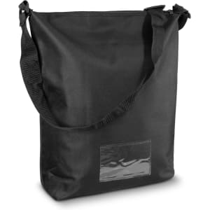 A black conference cooler bag with an adjustable shoulder strap and a transparent pocket for a label.