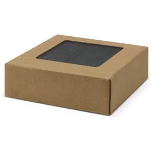 A set of four slate coasters packaged in a simple cardboard box with a window.