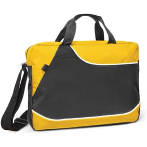 A black and yellow satchel featuring short handles and a detachable shoulder strap, with a logo present.