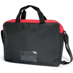 A black and red conference satchel with handles and a shoulder strap, featuring a clear ID window.