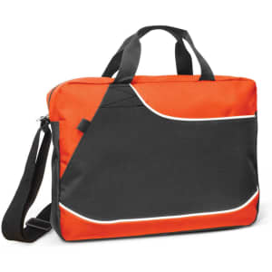 A black and orange conference satchel with a shoulder strap and top handles, featuring a logo.