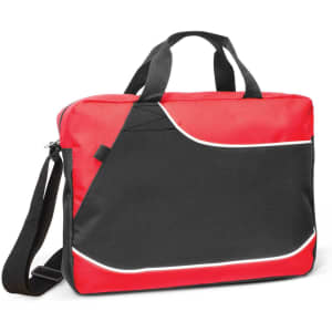A red and black conference satchel with carry handles and a shoulder strap, featuring a prominent logo.